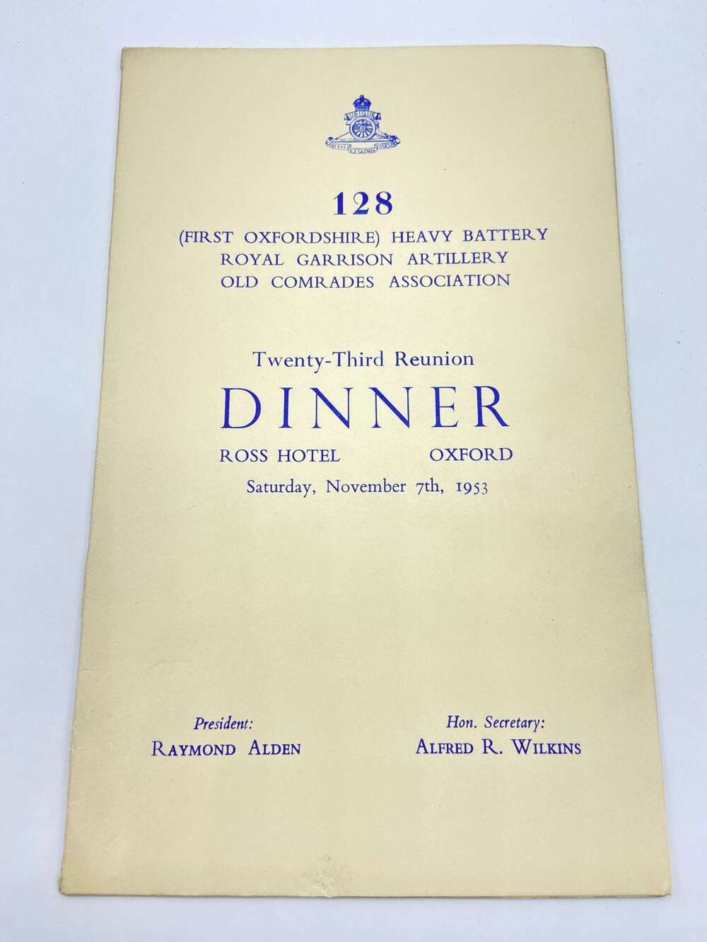 WW2 128th Heavy Battery Royal Garrison Artillery Dinner Menu