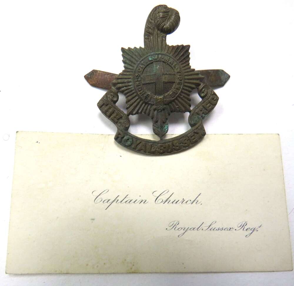 WW1 Attributed Royal Sussex Regiment Officers Cap Badge & Calling Card