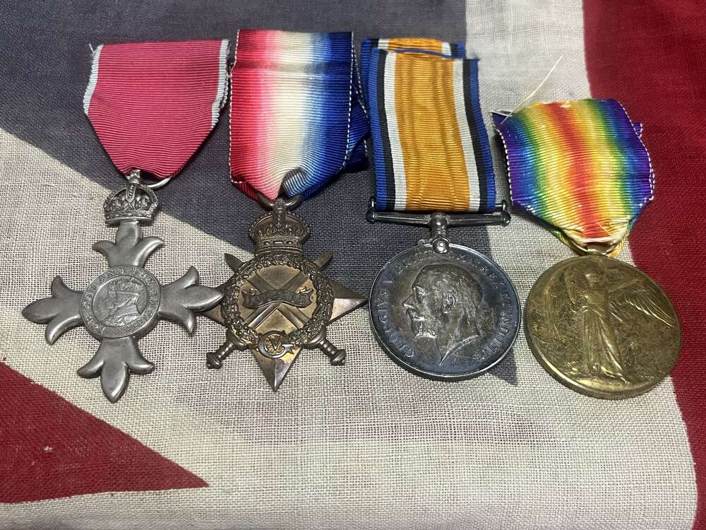 WWI 1915 Trio with MBE. Burt, Marshfield, Gloucestershire. Awarded MBE, East India Company
