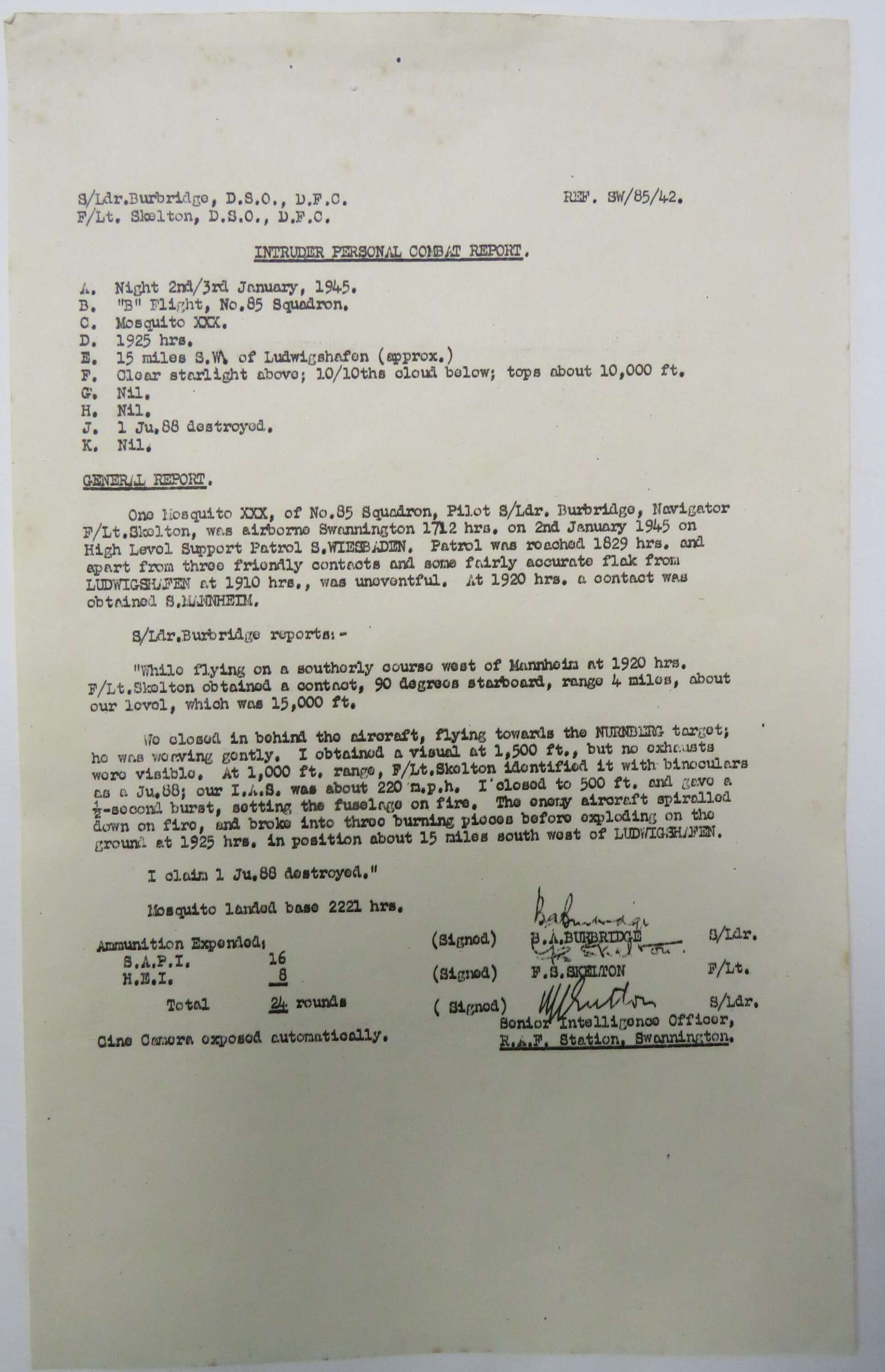 Rare 85 Squadron R.A.F Aces January 1945 Combat Report for 1 JU88 Victory