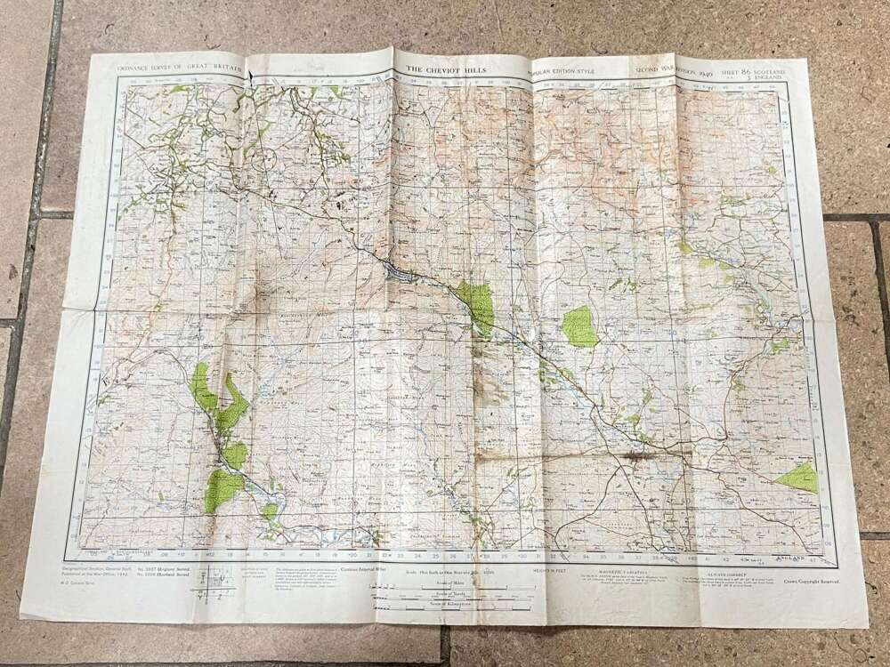 WW2 British Army War Office 1942 Dated The Cheviot Hills Map