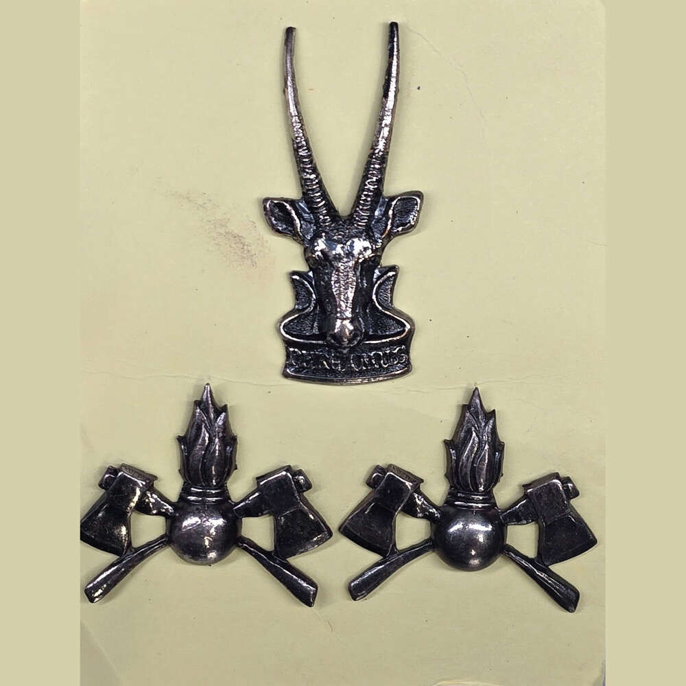 South West Africa Tactical Force Cap Badge with Pioneer Collar Badges (Oxidised Silver Set)