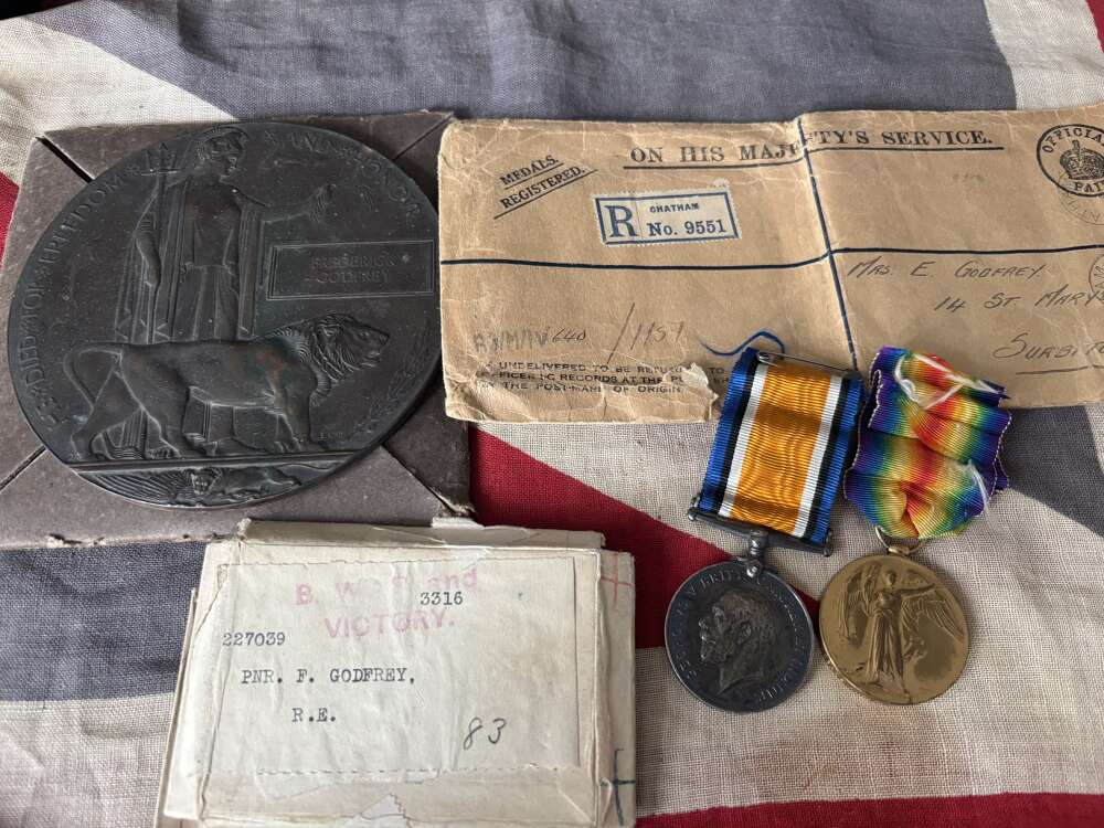Casualty WWI Pair with plaque. Godfrey. Royal Engineers. Surbiton, Surrey.