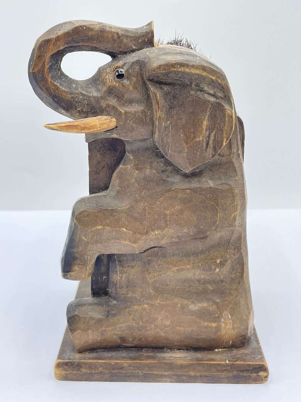 WW2 Period British Home Front Carved Wooden Elephant & Brush Dated 1940