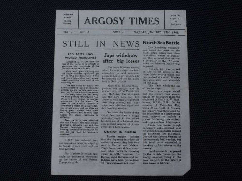 106) Good Original WW2 Royal Navy Small Newspaper Argosy Times Jan 12th 1943