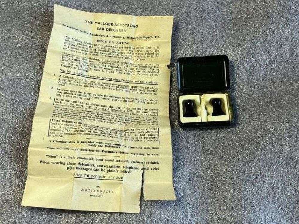 98) Good Original WW2 British Mallock-Armstrong Ear Defenders in Tin As Issued To Army, RAF, RN etc